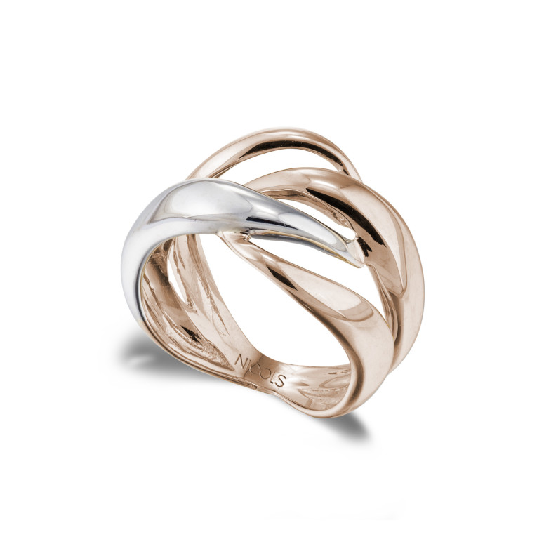 Gold Ring Scultural Doppelband Kreuzzug Pink Gold und Weiß Gold 35010021710